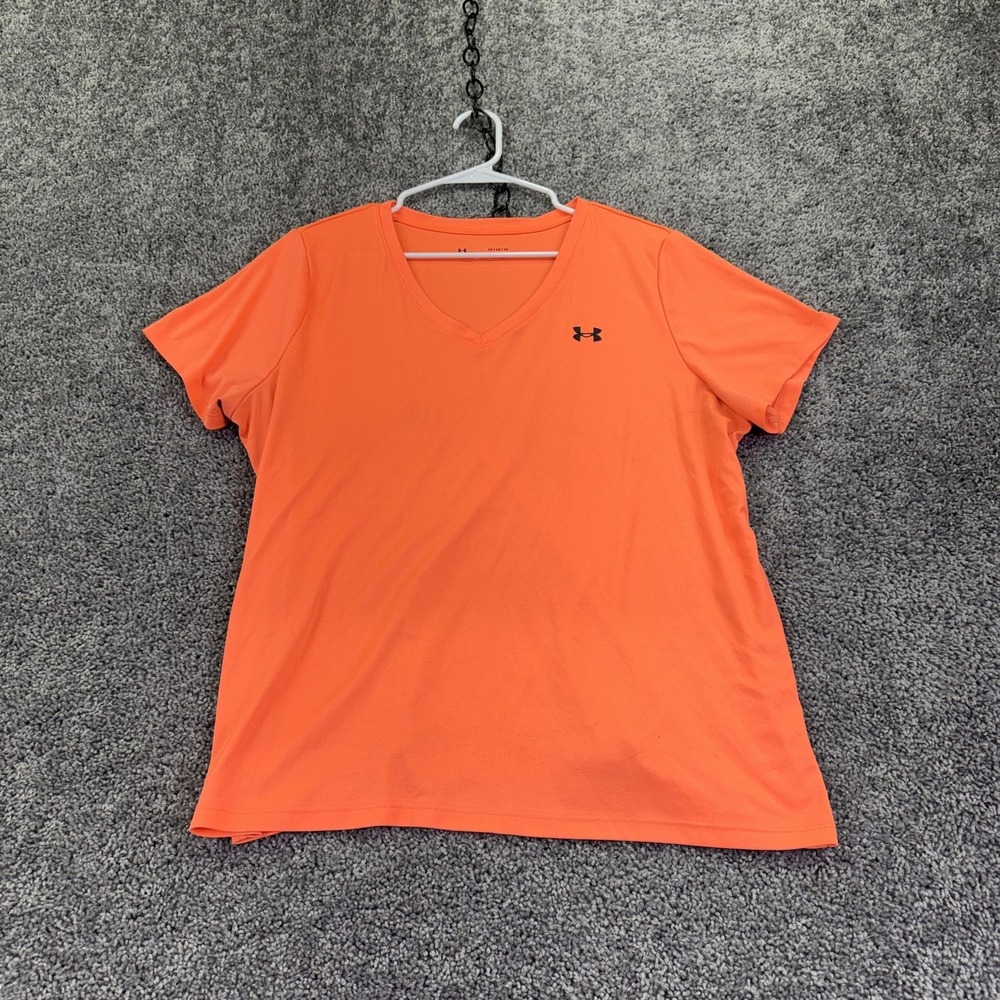 Under Armour Shirt Womens 1X Orange V Neck Loose Short Sleeve Logo Athletic